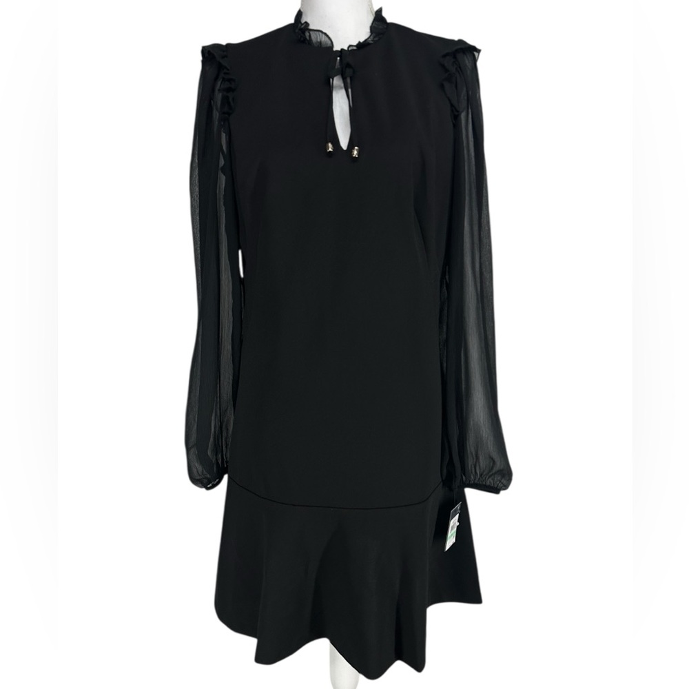 TOMMY HILFIGER / Black Sheer Sleeve Flare Dress / Size 8 Goth Formal Office Emo